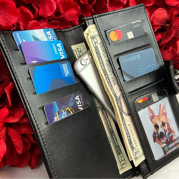 Gothic Skull Studded Black Leather Clutch Wallet BiFold - Picture 9 of 16